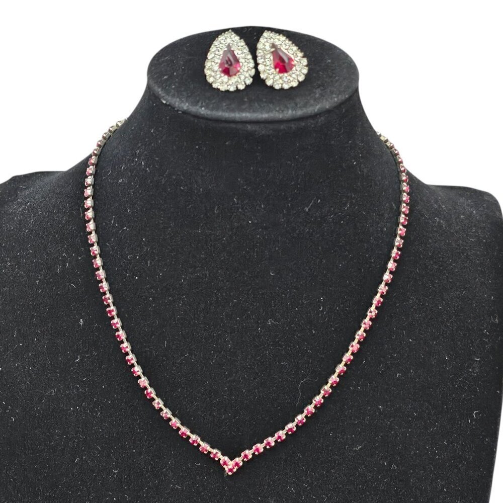 Vintage Silver Tone Faux Red Ruby V Necklace Rhinestone Earring Jewelry Set